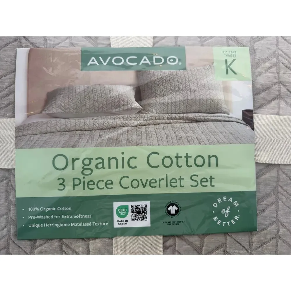 Avocado 3 Piece King Coverlet Set Organic Cotton Gray Herringbone Matelasse